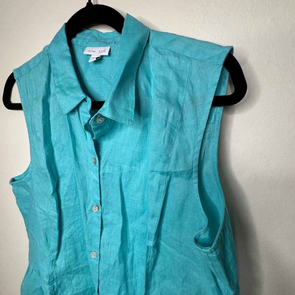 J. Jill Tunic Women L Aqua Blue Love Linen Sleeveless Button-Front Blouse - Picture 4 of 9